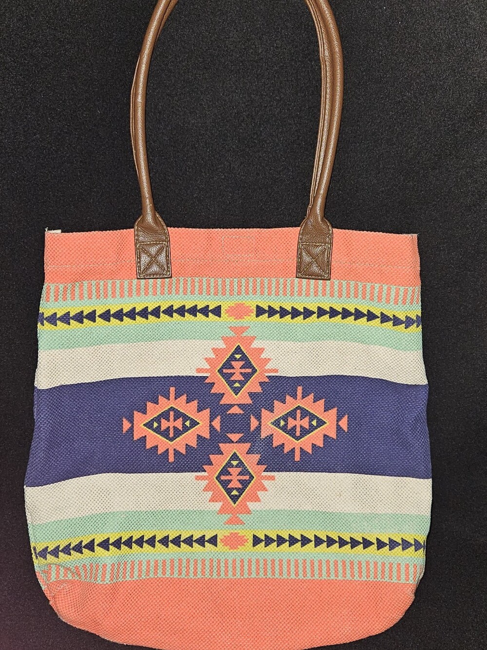 Mossimo Supply Co. Coral, Navy and Mint Aztec Canvas Tote with Brown Handles